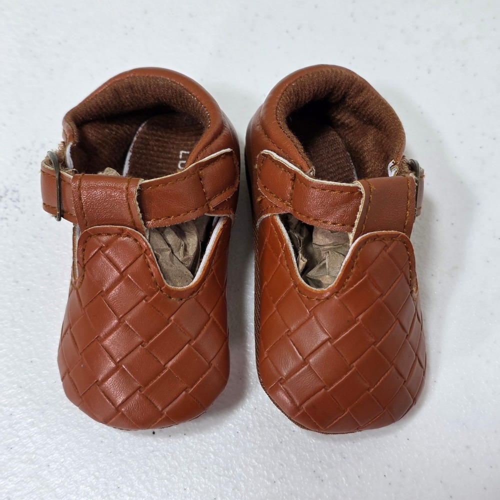 Lucky Brand Baby Moccasins Cognac Brown Woven T Strap Crib Shoes Soft Sole Sz 1